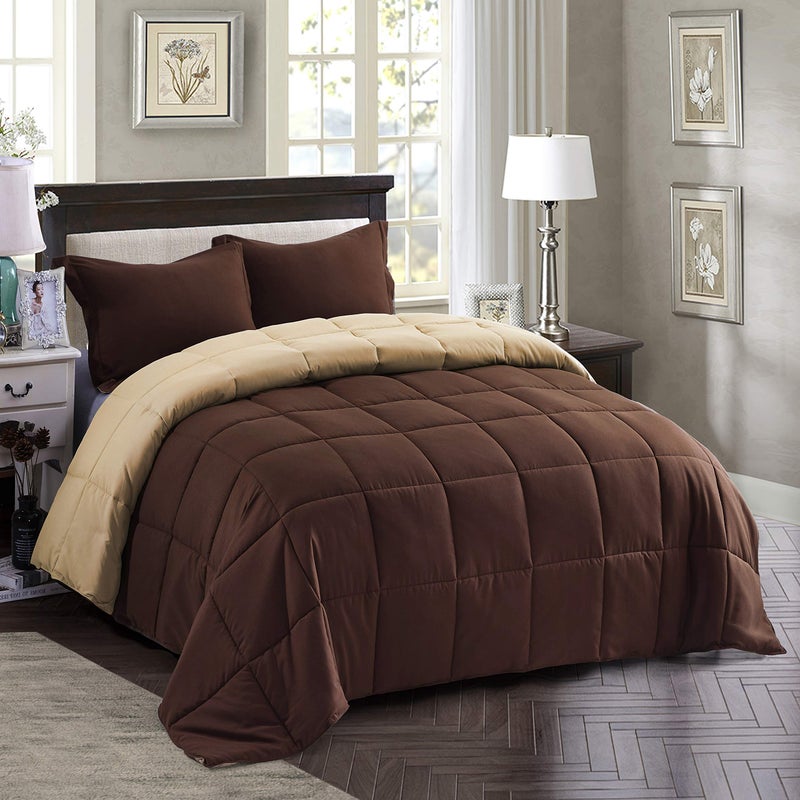 Hi -G HIG 3pc Down Alternative Comforter Set - All Season Reversible Comforter with Two Shams - Quilted Duvet Insert with Corner Tabs - Box Stitched - Super Soft, Fluffy (Full/Queen, Chocolate) - Image 2